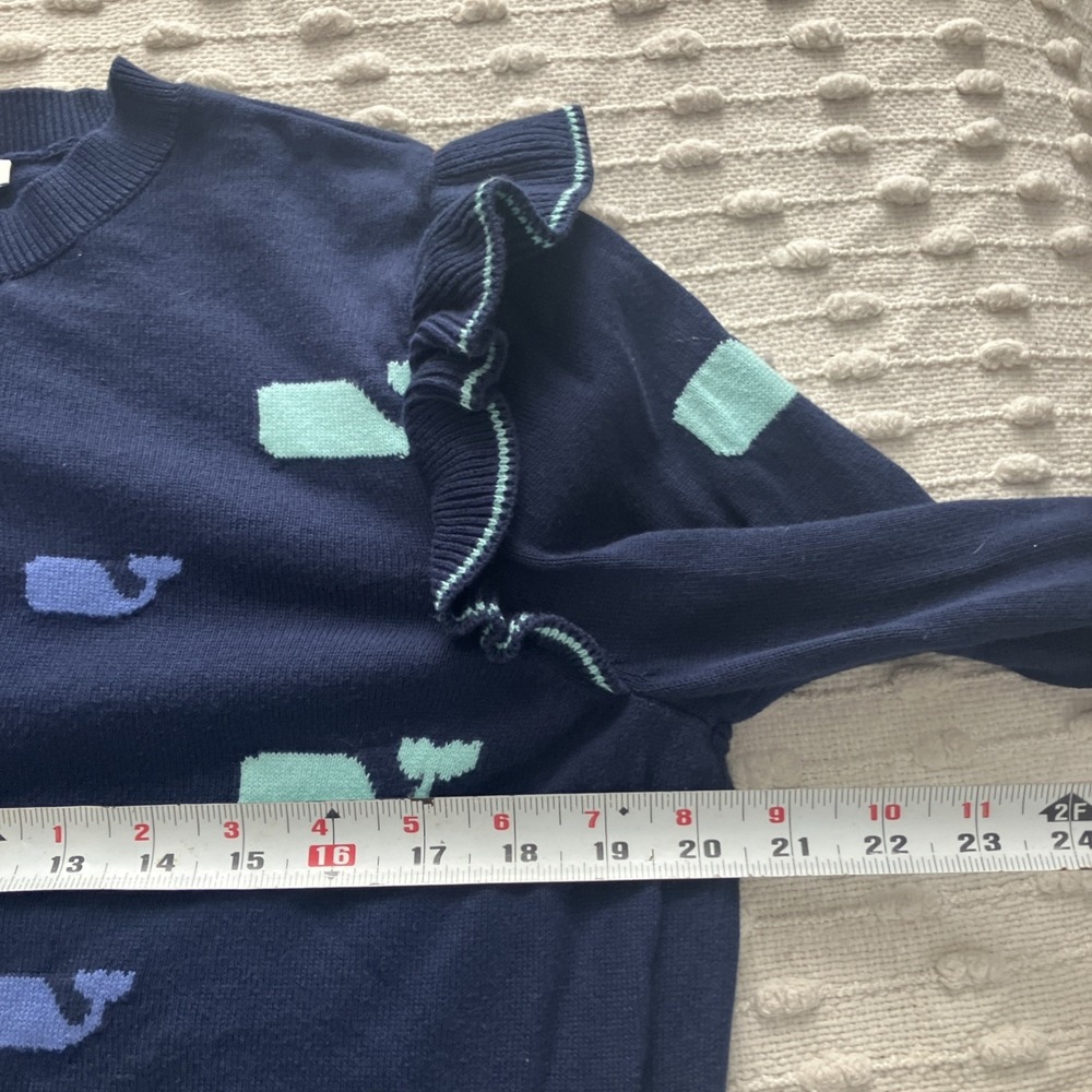 Vineyard Vines Sz M Womens Sweater Pullover Navy Multi Whale Print Cotton Ruffle - Picture 4 of 8